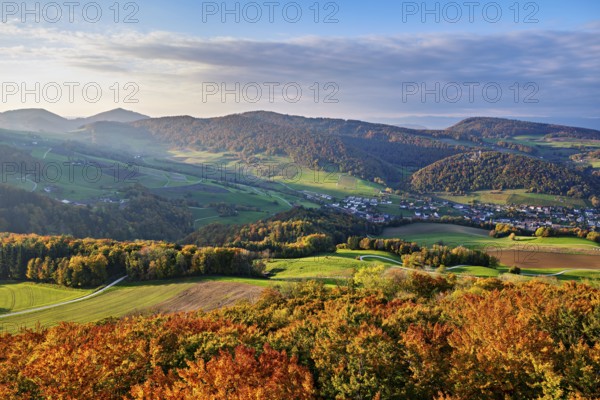 View from the Gisliflue of an autumnal forest with the Jura foothills behind, Talheim, Canton, Aargau, Switzerland