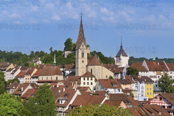 View of the old town with the parish church of the Assumption of Mary, in the back the Baden City Tower, Baden, Canton, Aargau, Switzerland