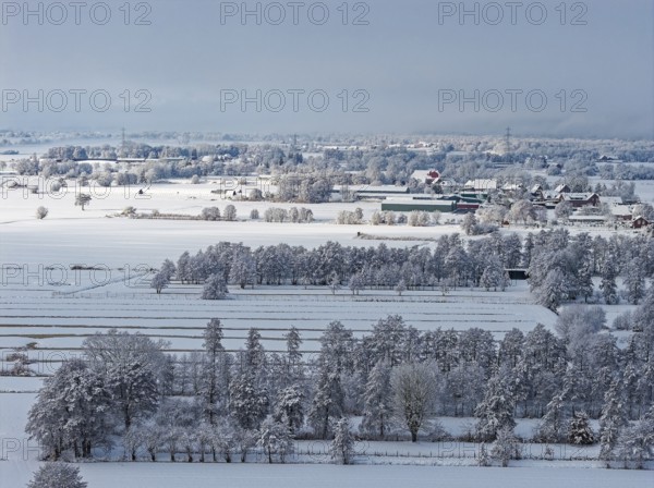 The onset of winter with snow in the Kirchwerder district of Hamburg. Aerial view, Kirchwerder, Hamburg, Germany