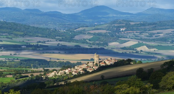 Montpeyroux village and view on Limagne plain., labelled Les Plus Beaux Villages de France, Puy de Dome, Auvergne-Rhone-Alpes, France
