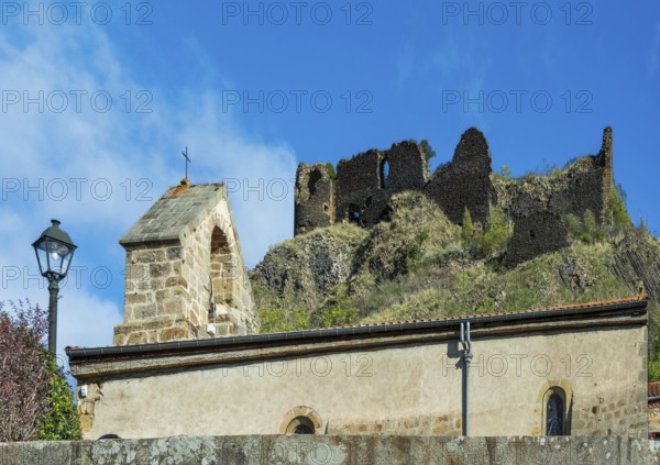 Ruins of medieval castle of Buron and Chapel Notre-Dame. Puy de Dome. Auvergne Rhone Alpes. France