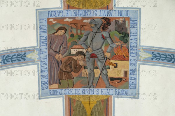 Buron village. Painted vault by Louis Dussour in the Notre-Dame de Buron chapel. Puy de Dome. Auvergne Rhone Alpes. France