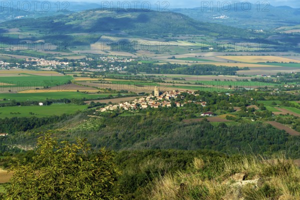 Montpeyroux village and view on Limagne plain, labelled Les Plus Beaux Villages de France, Puy de Dome, Auvergne-Rhone-Alpes, France