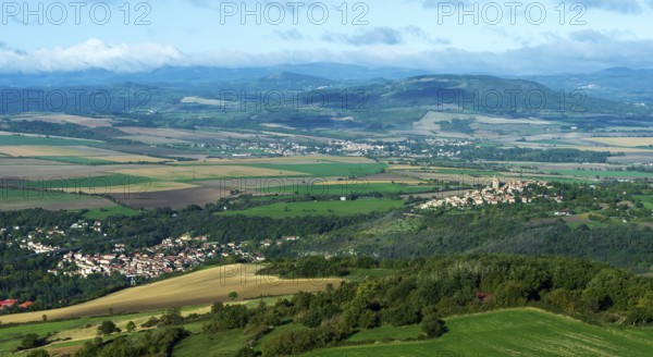 Limagne plain with the villages of Coudes and Montpeyroux. Puy de Dome. Auvergne Rhone Alpes. France