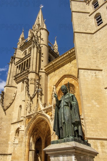 Cathedral Notre-Dame-et-Saint-Privat of Mende and statue of Urbain V Pope, Lozere department, Occitanie, France