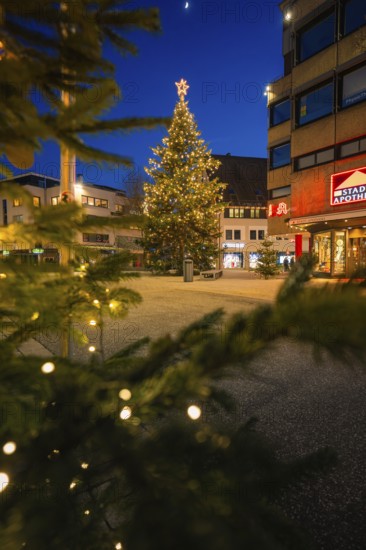 Christmas tree with lights on a town square in a festive evening atmosphere, Nagold, Calw district, Black Forest, Germany