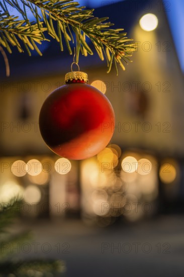 Red Christmas ball on pine branch, blurred background with lights, Nagold, Calw district, Black Forest, Germany