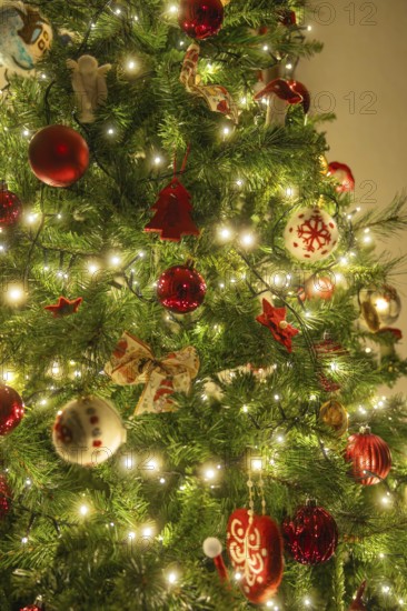 Christmas tree with red balls and lights, festive glow in warm light, Nagold, Calw district, Black Forest, Germany