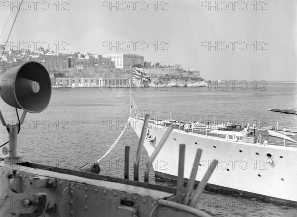 View from Royal Navy ships of Grand Harbour, Valletta, Malta, Europe c 1957