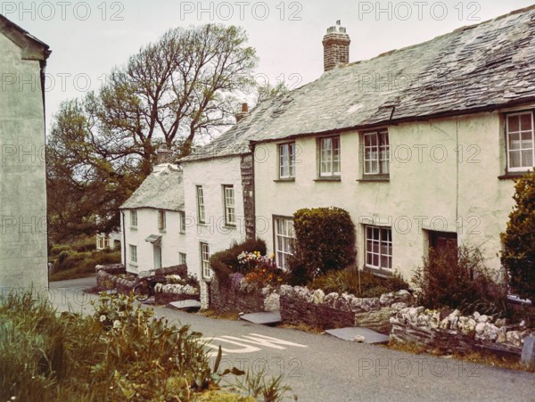 Row of historic cottages at High Street, Boscastle, Cornwall, England, UK 1960s