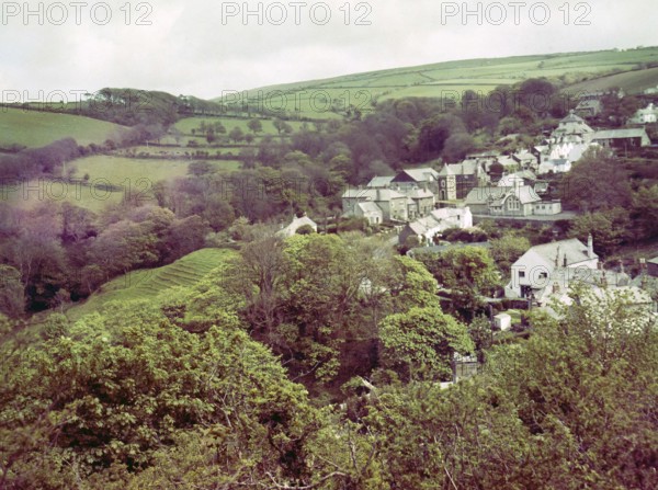 Buildings on hillside at village of Boscastle, Cornwall, England, UK