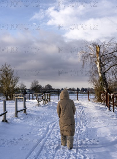 Fresh snow in the city, hikers in winter in the middle of the fields in Berlin Lübars, a district of Berlin's Reinckendorf district, Germany