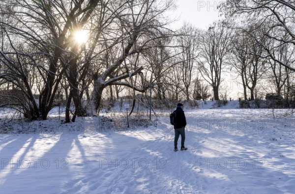 Fresh snow in the city, hikers in winter in the middle of the fields in Berlin Lübars, a district of Berlin's Reinckendorf district, Germany