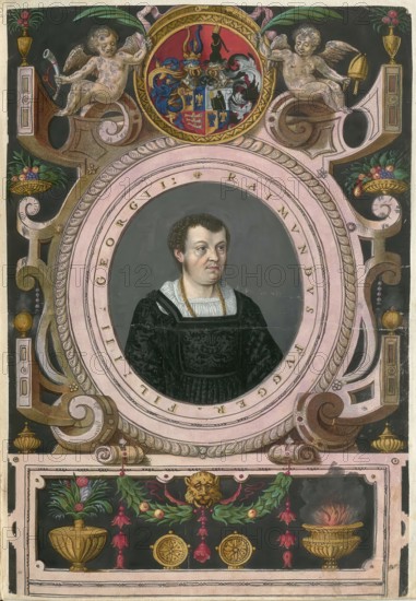 Members of the famous Augsburg Fugger family, Raimund Fugger (1489 - 1535) was the son of Georg Fugger and Regina Imhoff and thus a grandson of Jakob Fugger the Elder, authentic reproduction from Fuggerorum et Fuggerarum imagines, a collection of coloured engravings created in the late 16th and early 17th century and made by Dominicus Custos, historical