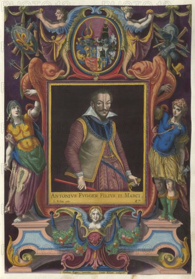Members of the famous Augsburg Fugger family, Anton Fugger (born 10 June 1493 in Augsburg, died 14 September 1560 in Augsburg) was the nephew and successor of Jakob Fugger, authentic reproduction from Fuggerorum et Fuggerarum imagines, a collection of coloured engravings produced in the late 16th and early 17th century by Dominicus Custos, historical