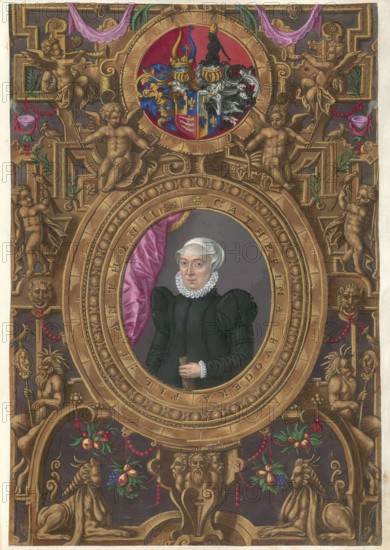 Members of the famous Augsburg-based Fugger family, Catherina Fugger, née Göringer, woman of Anton Fugger, the nephew and successor of Jakob Fugger the Rich, who managed and expanded the family business after 1525, authentic reproduction from Fuggerorum et Fuggerarum imagines, a collection of colored copper engravings created in the late 16th and early 17th century and made by Dominicus Custos, historic