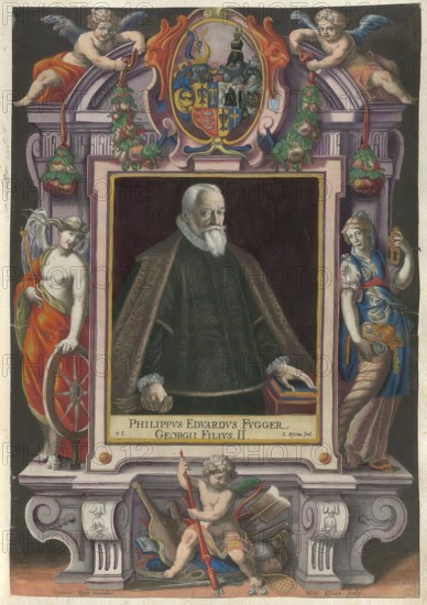 Members of the famous Augsburg Fugger family, portrait of Philipp Eduard Fugger (1546 - 1618), a prominent German merchant, banker, scholar and art collector from the powerful Augsburg Fugger dynasty, authentic reproduction from Fuggerorum et Fuggerarum imagines, a collection of coloured engravings created in the late 16th and early 17th century and made by Dominicus Custos, historic