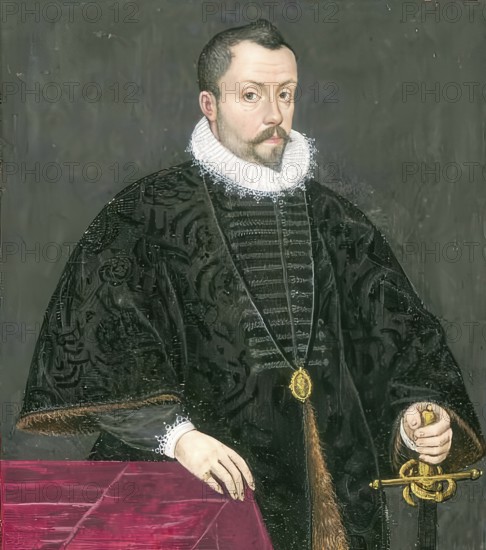 Members of the famous Augsburg Fugger family, Octavianus Secundus Fugger (1544-1600), member of the famous Augsburg merchant family Fugger, authentic reproduction from Fuggerorum et Fuggerarum imagines, a collection of coloured engravings created in the late 16th and early 17th century and made by Dominicus Custos, historical