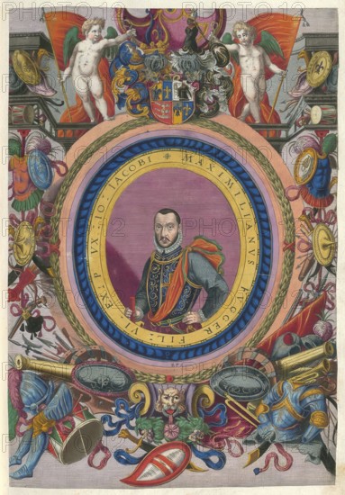 Members of the famous Fugger family in Augsburg, Maximilian Fugger, the merchant and landowner, Herr zu Babenhausen, the son of Jakob III Fugger, authentic reproduction from Fuggerorum et Fuggerarum imagines, a collection of colored copper engravings created in the late 16th and early 17th century and made by Dominicus Custos, historical