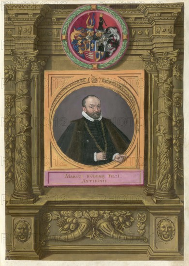 Members of the famous Augsburg Fugger family, Markus Fugger (1529) was the eldest son of the famous merchant Anton Fugger, called the Rich, 1493 - 1560, authentic reproduction from Fuggerorum et Fuggerarum imagines, a collection of coloured engravings created in the late 16th and early 17th century and made by Dominicus Custos, historical