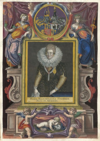 Maria Maximiliana Fugger (1591 - 1644), a member of the famous Augsburg Fugger family: She was the daughter of Severin Count Fugger and Katharina von Helfenstein-Wellenheim, authentic reproduction from Fuggerorum et Fuggerarum imagines, a collection of coloured engravings made in the late 16th and early 17th century by Dominicus Custos, historical