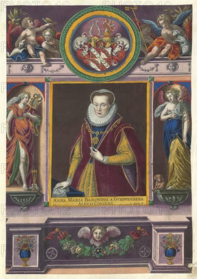 The portrait of Anna Maria von Gumppenberg-Fugger (1570 - 1613), a member of the famous Augsburg Fugger family: She was a Bavarian baroness and the woman of Alexius Fugger, authentic reproduction from Fuggerorum et Fuggerarum imagines, a collection of coloured engravings created in the late 16th and early 17th century and made by Dominicus Custos, historical