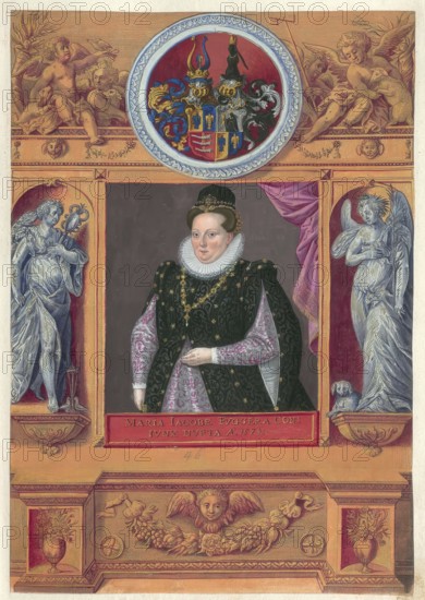 Members of the famous Augsburg Fugger family, Maria Jacobea Fugger, also known as Maria Jakobäa, (1562 - 1588) was a member of the influential Augsburg merchant and noble Fugger family, authentic reproduction from Fuggerorum et Fuggerarum imagines, a collection of coloured engravings created in the late 16th and early 17th century and made by Dominicus Custos, historical