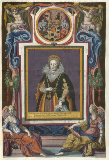 Members of the famous Augsburg Fugger family, Maria Juliana Fugger (1594-1653) born Vöhlin von Frickenhausen, German countess and woman, married to Hugo Fugger, authentic reproduction from Fuggerorum et Fuggerarum imagines, a collection of coloured engravings created in the late 16th and early 17th century and made by Dominicus Custos, historical