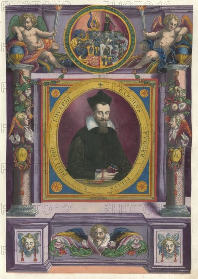 The portrait shows Carolus Fugger, also known as Karl Fugger, a son of the Augsburg merchant Philipp Eduard Fugger (1546 to 1618), a member of the famous Augsburg Fugger family. He lived from 1587 to 1642, authentic reproduction from Fuggerorum et Fuggerarum imagines, a collection of coloured engravings created in the late 16th and early 17th century by Dominicus Custos, historical