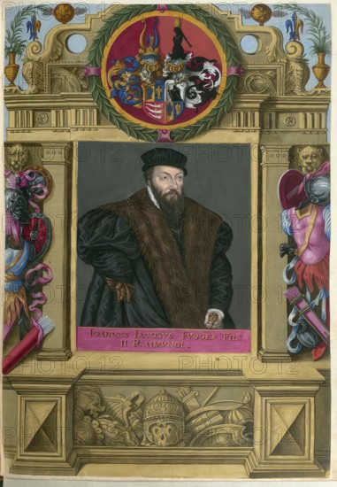 Members of the famous Augsburg-based Fugger family, Johannes Jakob Fugger, also known as Hans Jakob, was born on December 23, 1516 in Augsburg as the eldest son of Raymund Fugger and his woman Katharina Thurzo of Bethlemfalva, authentic reproduction from Fuggerorum et Fuggerarum imagines, a collection of colored copper engravings created in the late 16th and early 17th century and made by Dominicus Custos, historic