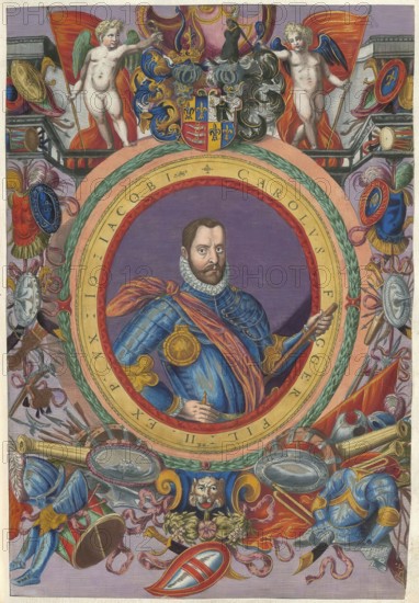 Members of the famous Fugger family in Augsburg, Karl Fugger, also known as Carolus Fugger, the Freiherr von Kirchberg and Weissenhorn living from 1543 to 1580, authentic reproduction from Fuggerorum et Fuggerarum imagines, a collection of colored copper engravings created in the late 16th and early 17th century and made by Dominicus Custos, historical