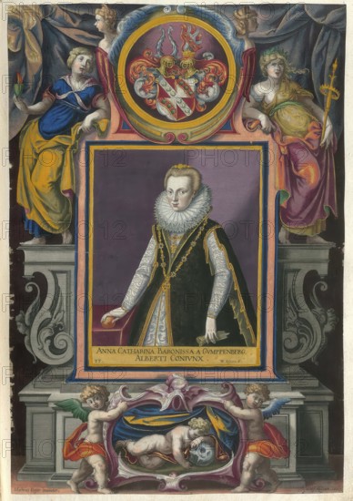 A member of the famous Augsburg Fugger family, Katharina Thurzo (1488 - 1535) was part of the influential Hungarian merchant family Thurzo. She married Raymund Fugger and thus became a member of the Fugger family of merchants and bankers in Augsburg, authentic reproduction from Fuggerorum et Fuggerarum imagines, a collection of coloured engravings created in the late 16th and early 17th century by Dominicus Custos, historical