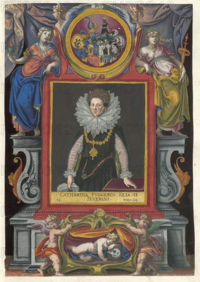 Members of the famous Augsburg Fugger family, Catharina Fugger, also known as Katharina, born 1587, daughter of Severin Freiherr von Fugger (1551 to 1601) and his woman Katharina Gräfin von Helfenstein-Wiesensteig, authentic reproduction from Fuggerorum et Fuggerarum imagines, a collection of coloured engravings created in the late 16th and early 17th century and produced by Dominicus Custos, historical
