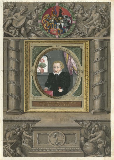 Member of the famous Augsburg Fugger family, Julius Maximilian Fugger, was one of the sons of Georg Fugger (1518 - 1569), authentic reproduction from Fuggerorum et Fuggerarum imagines, a collection of coloured engravings made in the late 16th and early 17th century by Dominicus Custos, historical