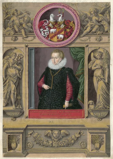 Members of the famous Augsburg Fugger family, Maria Magdalena von Helfenstein-Wiesensteig (1562 - 1622), she was a daughter of Sebastian von Helfenstein-Wellenheim and married Joachim Fugger von Kirchberg und Weißenhorn in 1582, authentic reproduction from Fuggerorum et Fuggerarum imagines, a collection of coloured engravings created in the late 16th and early 17th century and made by Dominicus Custos, historical