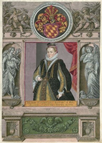Members of the famous Fugger family in Augsburg, Maria Magdalena von Koenigsegg, also Freiin von Koenigsegg, died in 1592. In 1573 she married Philipp Eduard Fugger, authentic reproduction from Fuggerorum et Fuggerarum imagines, a collection of colored copper engravings created in the late 16th and early 17th century and made by Dominicus Custos, historical
