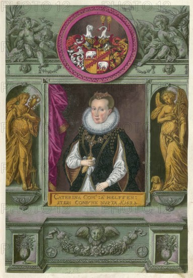Members of the famous Augsburg Fugger family, Katharina von Helfenstein-Wiesensteig (1589 to 1638) was a countess who married Ernst I von Oettingen-Baldern in Wiesensteig on 20 September 1608 and was an important figure in the Swabian nobility during the early 17th century, authentic reproduction from Fuggerorum et Fuggerarum imagines, a collection of coloured engravings created in the late 16th and early 17th century and made by Dominicus Custos, historical