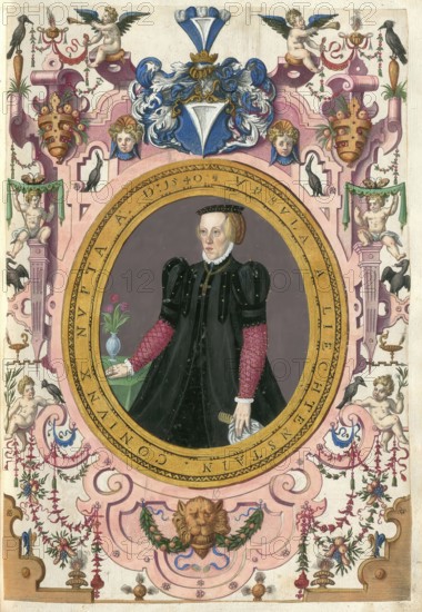 Ursula von Lichtenstein zu Carneid (1542 - 1573), a member of the famous Augsburg Fugger family, was a member of the Tyrolean noble family of Liechtenstein-Kastelkorn, authentic reproduction from Fuggerorum et Fuggerarum imagines, a collection of coloured copperplate engravings produced in the late 16th and early 17th century by Dominicus Custos, historical