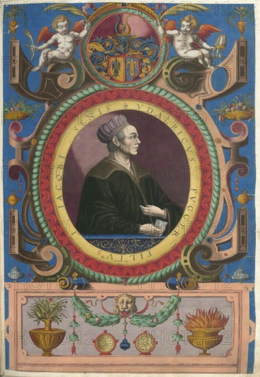 Ulrich Fugger the Elder of the Lily, (born 9 October 1441 in Augsburg, died 19 April 1510 in Augsburg) was the brother and business partner of Jakob Fugger, authentic reproduction from Fuggerorum et Fuggerarum imagines, a collection of coloured engravings produced in the late 16th and early 17th century by Dominicus Custos, historical