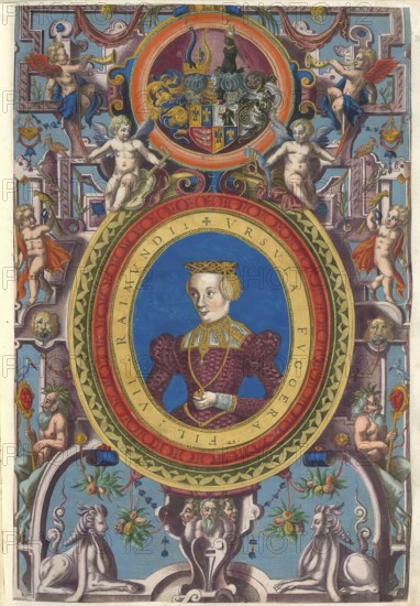 Members of the famous Augsburg Fugger family, Ursula Fugger (1530 - 1570) was a daughter of the Augsburg banker and patron of the arts Raymund Fugger (1489 - 1535), authentic reproduction from Fuggerorum et Fuggerarum imagines, a collection of coloured engravings created in the late 16th and early 17th century and made by Dominicus Custos, historical