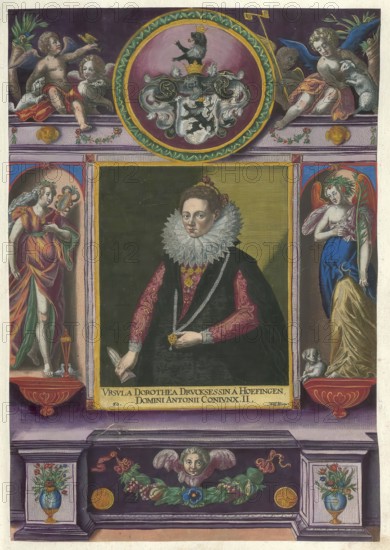 Members of the famous Augsburg Fugger family, Ursula Dorothea Drucksessin von Hoefingen, Ursula Dorothea Fugger (1555 - 1619), she was the second woman of Anton Fugger, authentic reproduction from Fuggerorum et Fuggerarum imagines, a collection of coloured engravings created in the late 16th and early 17th century and made by Dominicus Custos, historical
