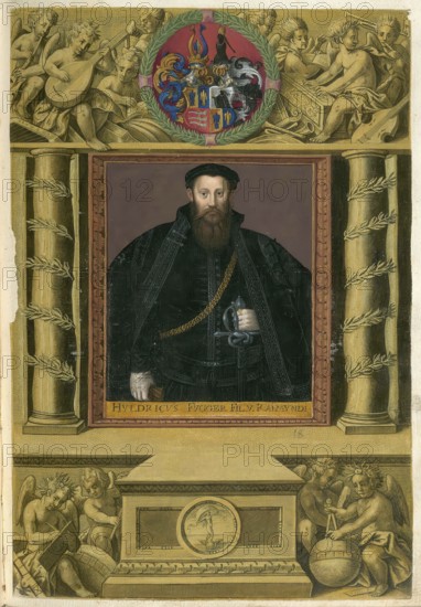 Members of the famous Fugger family in Augsburg, Ulrich Fugger, 1526 - 1584, Count of Kirchberg since 1530. He was an important German humanist and member of the well-known Augsburg-based merchant family Fugger, authentic reproduction from Fuggerorum et Fuggerarum imagines, a collection of colored copper engravings created in the late 16th and early 17th century and made by Dominicus Custos, historical