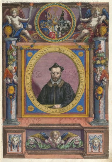 Members of the famous Fugger family in Augsburg, portrait of Sigmund Friedrich Graf Fugger von Kirchberg and Weissenhorn. He was born in Augsburg in 1542 and died in 1600. He was a Roman Catholic priest, canon and cathedral dean in Passau, authentic reproduction from Fuggerorum et Fuggerarum imagines, a collection of colored copper engravings created in the late 16th and early 17th century and made by Dominicus Custos, historical
