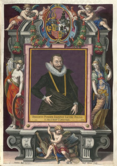 Members of the famous Augsburg Fugger family, Trajan Fugger, also Tralanus Fugger, (1572 - 1614), a German merchant, banker and landowner from the Fugger von der Lilie line, authentic reproduction from Fuggerorum et Fuggerarum imagines, a collection of coloured engravings created in the late 16th and early 17th century and made by Dominicus Custos, historical