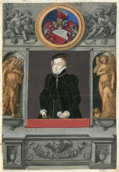 Members of the famous Augsburg-based Fugger family, Fugger, Sidonia, 1537 - 1573, second woman of Johann Jakob Fugger since 1560, authentic reproduction from Fuggerorum et Fuggerarum imagines, a collection of colored copper engravings created in the late 16th and early 17th century and made by Dominicus Custos, historical