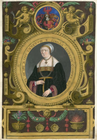Members of the famous Fugger family in Augsburg, Sibylla Artzt, also Sibille Fugger, the woman of Jakob Fugger the Rich. She was born around 1480 in Augsburg and died there in 1546, authentic reproduction from Fuggerorum et Fuggerarum imagines, a collection of colored copper engravings created in the late 16th and early 17th century and made by Dominicus Custos, historical