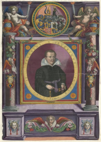 Members of the famous Augsburg Fugger family, portrait of Severin Fugger (1551 - 1601), German merchant, landowner and imperial count from the famous Augsburg merchant family of the Fuggers, authentic reproduction from Fuggerorum et Fuggerarum imagines, a collection of coloured engravings created in the late 16th and early 17th century and made by Dominicus Custos, historical