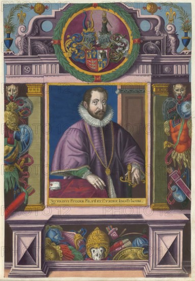 Members of the famous Augsburg Fugger family, portrait of Severin Fugger the Younger (1551 - 1601), a member of the famous Augsburg merchant family Fugger, authentic reproduction from Fuggerorum et Fuggerarum imagines, a collection of coloured engravings created in the late 16th and early 17th century and made by Dominicus Custos, historical