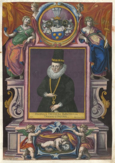 Members of the famous Augsburg Fugger family, portrait of Regina von Freyberg (ca. 1573 - 1609), who married into the noble Fugger family, authentic reproduction from Fuggerorum et Fuggerarum imagines, a collection of coloured engravings created in the late 16th and early 17th century and made by Dominicus Custos, historical