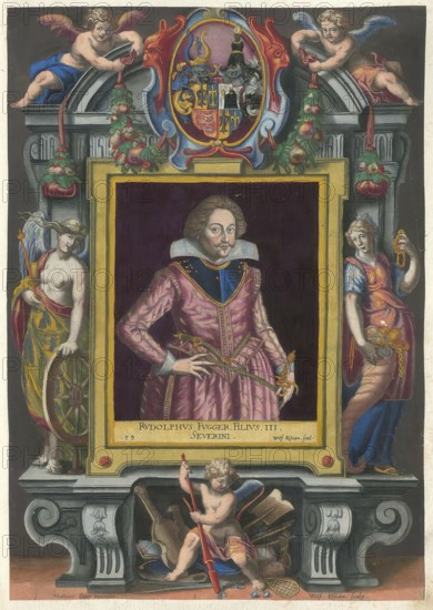 Members of the famous Augsburg Fugger family, Rudolf Freiherr Fugger (1589 - 1616), a Count of Kirchberg and Weissenhorn from the Fugger von der Lilie line, authentic reproduction from Fuggerorum et Fuggerarum imagines, a collection of coloured engravings created in the late 16th and early 17th century and made by Dominicus Custos, historical